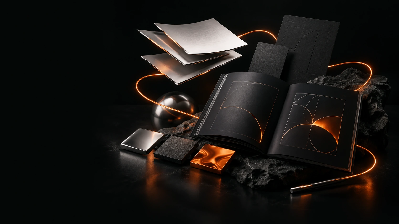 Chrome-edged stationery and an open brand book connected by orange light