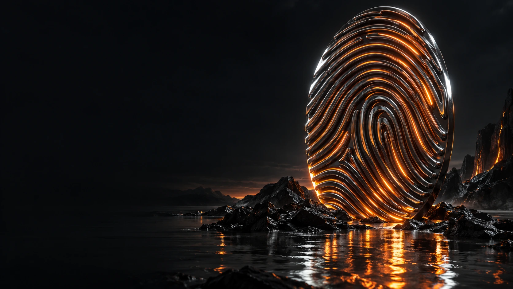Sculptural chrome fingerprint traced with molten orange light