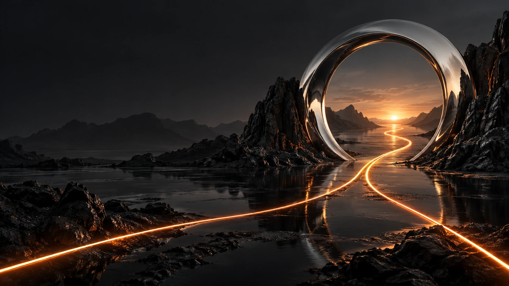 Two orange paths joining through a chrome portal toward the horizon