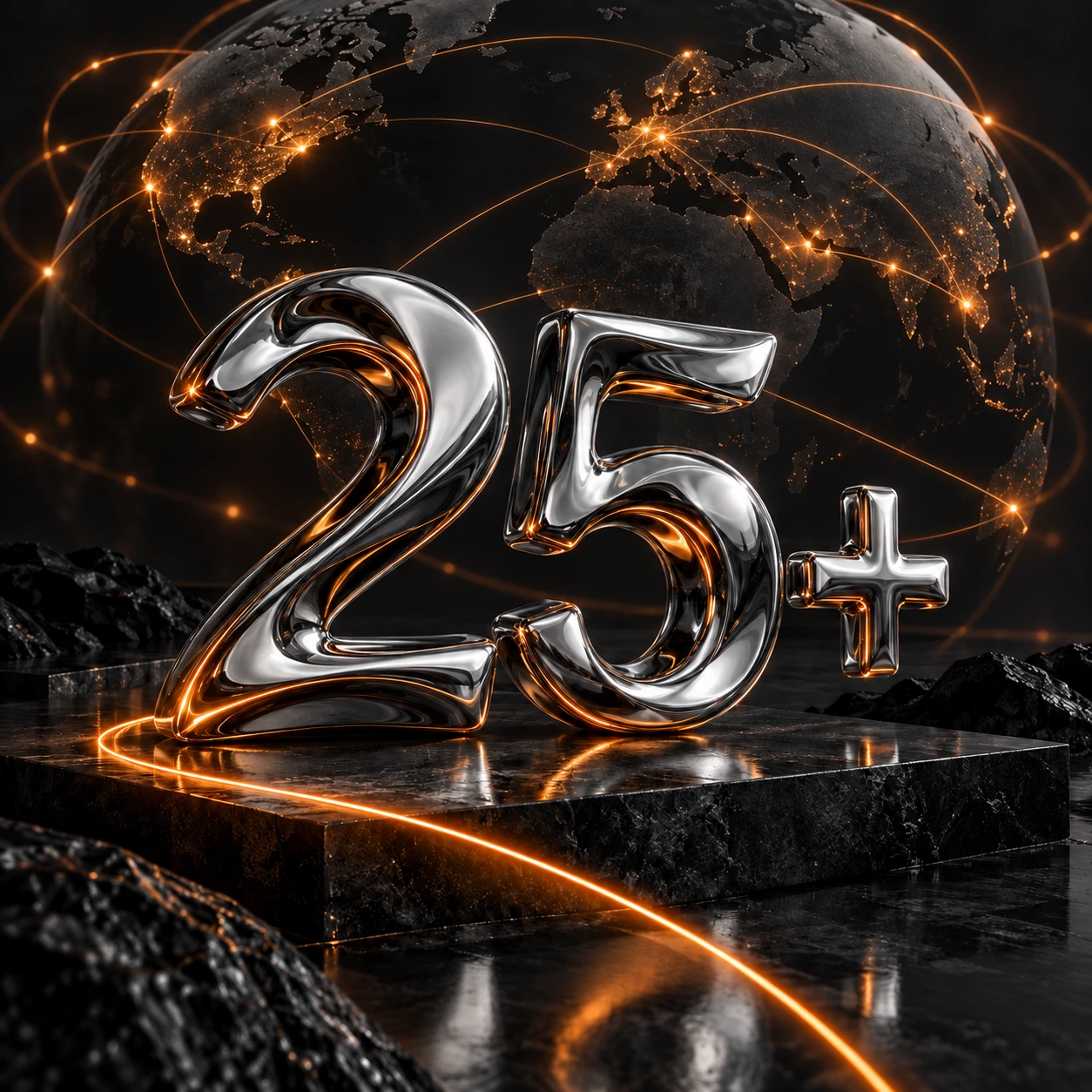 Sculptural chrome 25+ in front of a globe connected by orange light paths