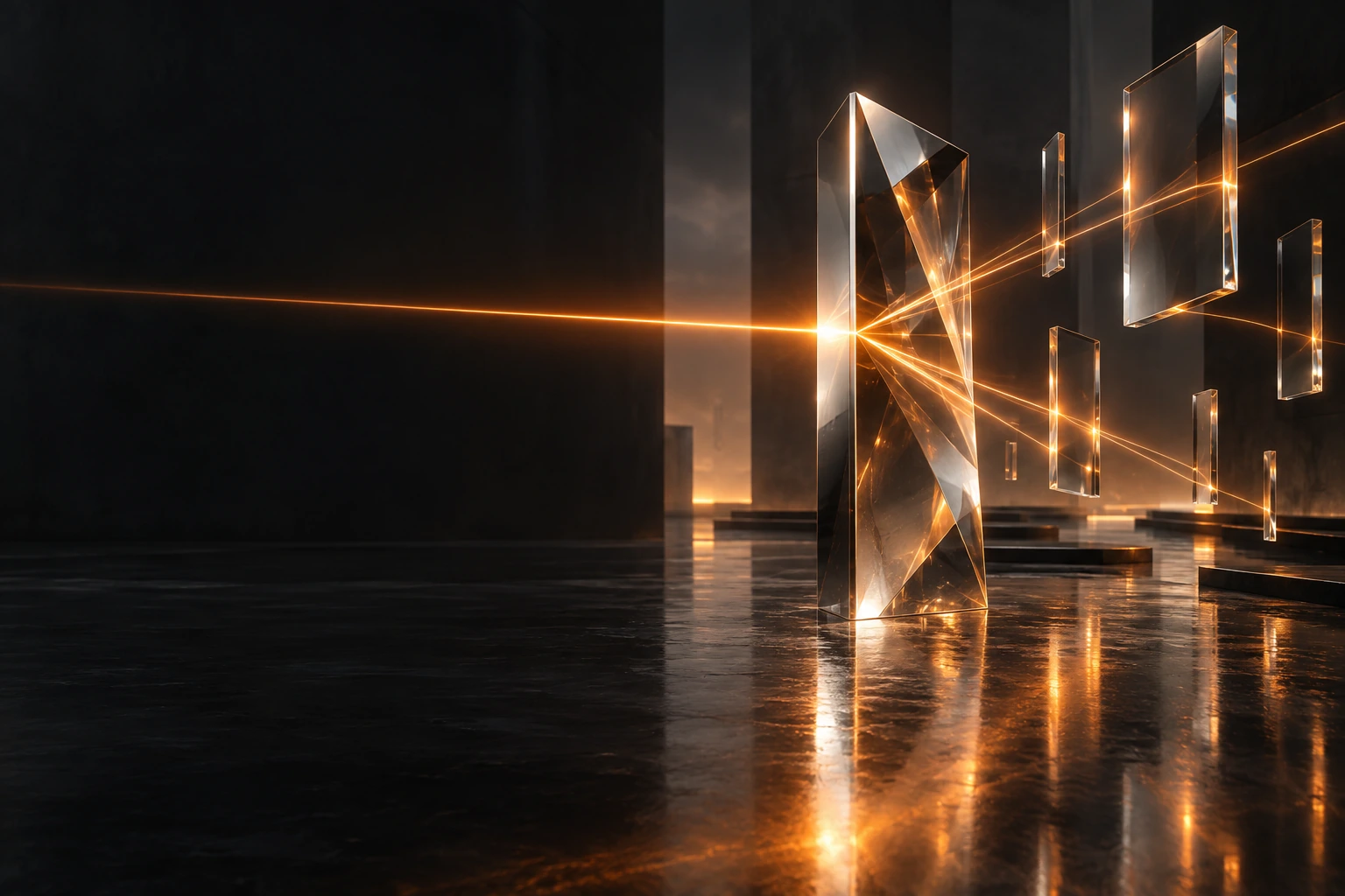 Sculptural chrome prism with orange light