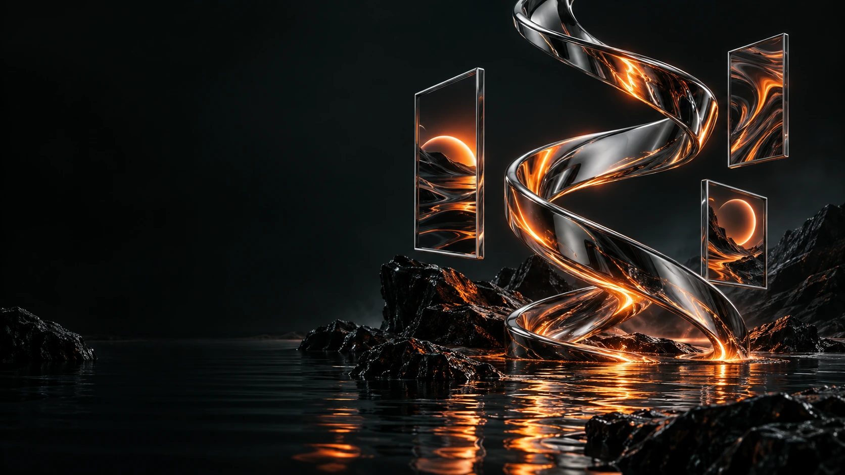 Flowing chrome sculpture with floating portrait frames and orange light