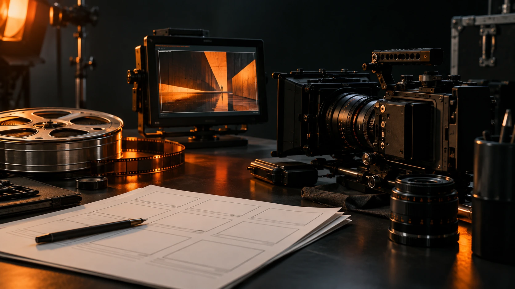 Concept production workbench with a cinema camera, monitor and storyboard sheets