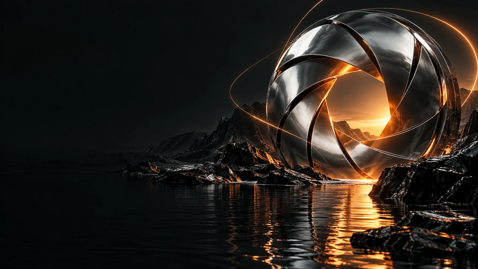 Monumental chrome aperture illuminated by orange light