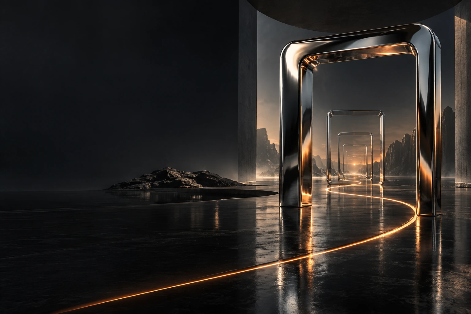 Chrome portals connected by an orange light path